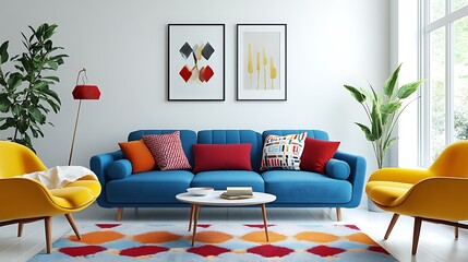 Open-concept living space with colorful furniture, bright blue sofa, yellow chairs, and red accent pillows against clean white walls 