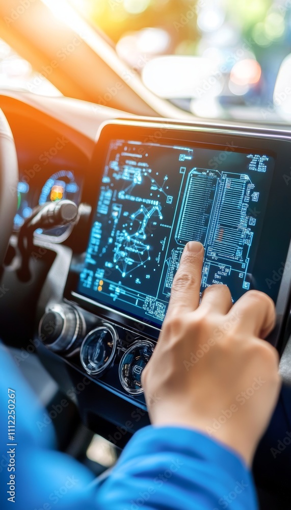 Poster driver navigating advanced technology, interacting with a futuristic cars digital dashboard display