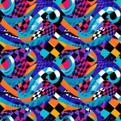 Fototapeta premium Dynamic and colorful seamless pattern featuring abstract shapes and vibrant colors in a rhythmic design that captivates the viewer's attention