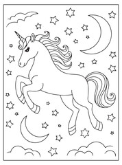 a magical unicorn prances under starry night sky with crescent moons © Milon Store