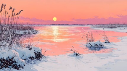 A beautiful sunset over a frozen lake with a small sun in the sky