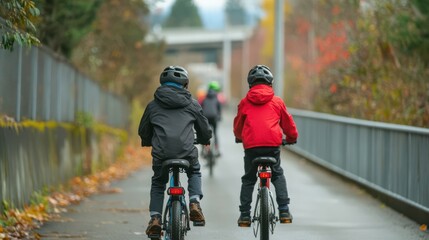 Kids in Protective Gear Ride Bikes on Bike Path, Rear View.