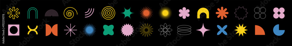 Poster geometric shapes in brutalist style, featuring black outlines and symbols like stars and spirals, de