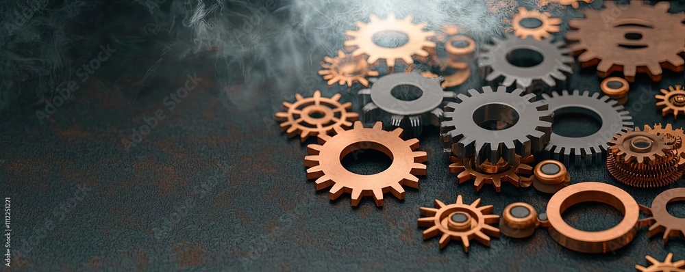 Aufkleber collection of gears in various sizes on a dark background with smoke.
