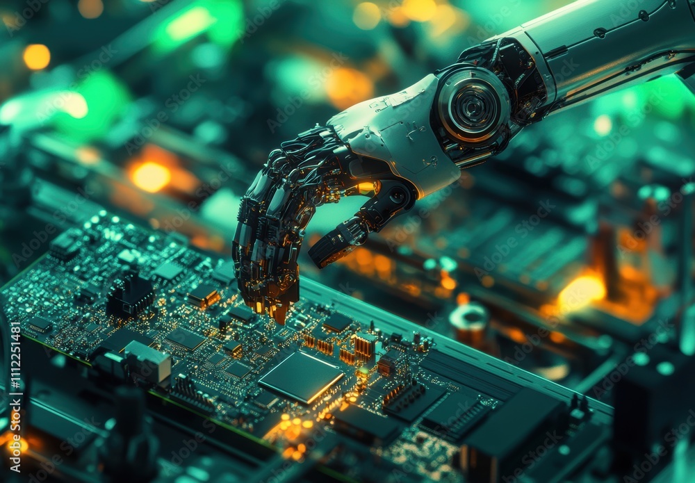 Aufkleber intricate close-up of a robotic hand interacting with a circuit board, showcasing advanced technolog