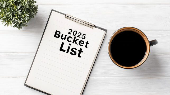 2025 bucket list concept. 2025 bucket list on a clipboard next to a coffee cup and a plant