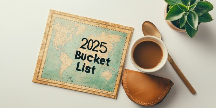 2025 bucket list concept. 2025 bucket list with coffee and a small plant on a table