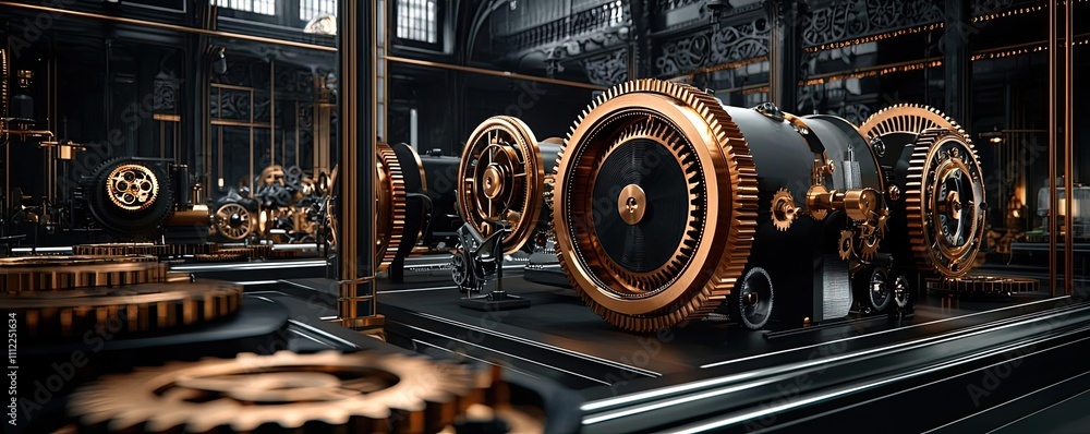 Poster industrial machinery with intricate gears in a dimly lit factory setting.