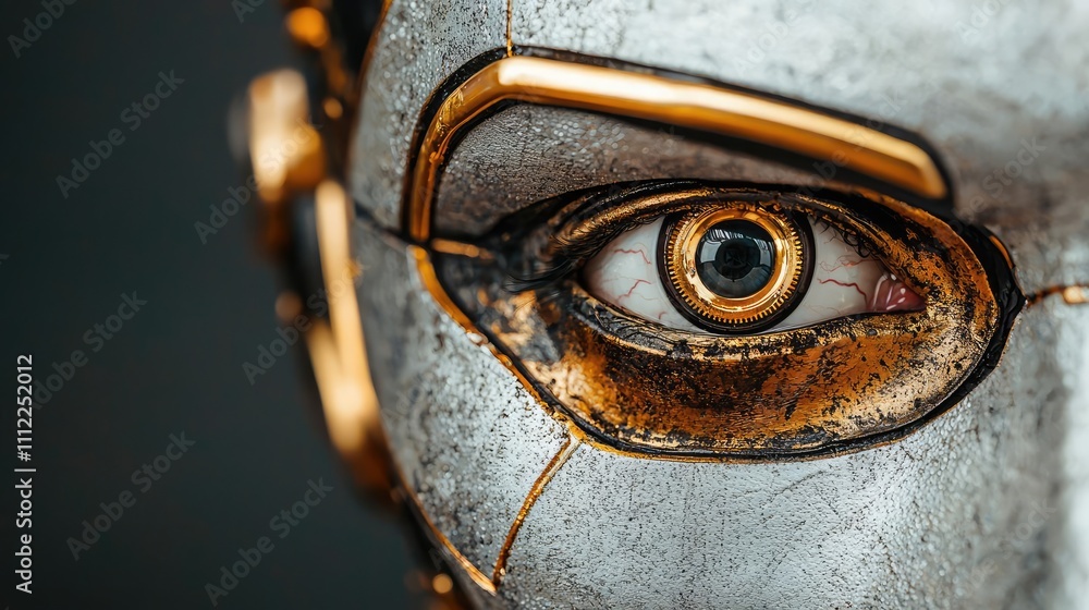 Poster close-up of a robotic eye with metallic details, showcasing intricate design and textures.