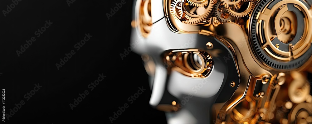 Poster Close-up of a robotic head showcasing intricate details and golden components.