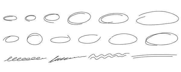 Highlight oval frames, hand drawn underlines lines. Hand drawn marker scribble doodle circle set. Ovals and ellipses line template. Stock vector illustration isolated on white background.