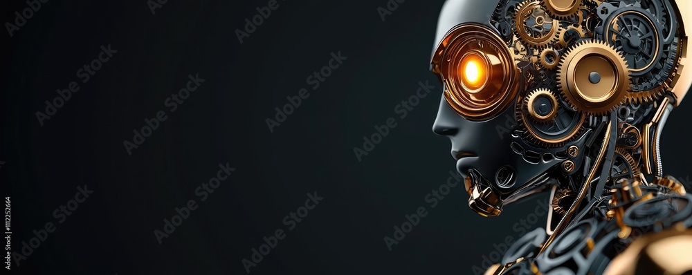 Poster futuristic robotic portrait with intricate mechanical details, isolated on dark background.