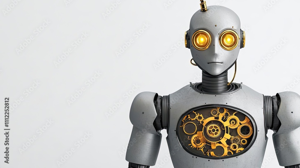 Poster robot with gears and golden eyes on a white isolated background.