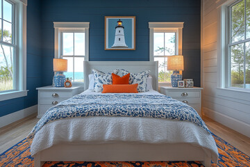Coastal Bedroom Decor Featuring A Lighthouse Painting