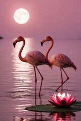 Obraz premium Elegant Pink Flamingos at Lagoon Under Monochromatic Moonlight