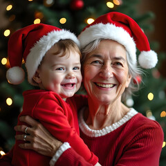 Portrait d'une grand-mère portant un chapeau de Père Noël tenant un bébé souriant, fond d'arbre de Noël. Grand-mère et petit-enfant, joyeux concept de réunion de famille