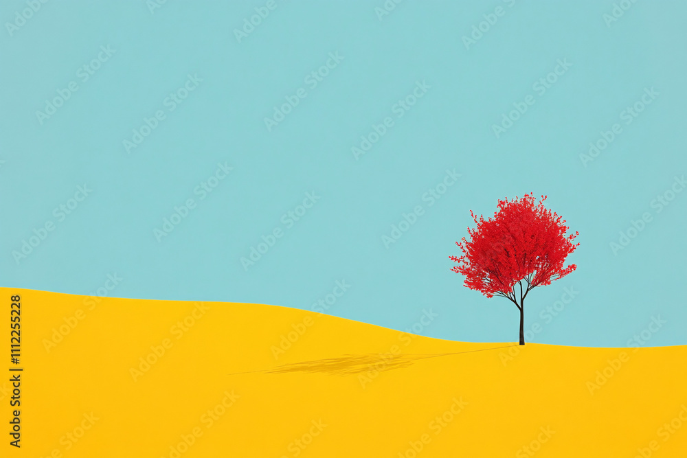 Poster a vibrant red tree standing alone on a soft yellow slope under a bright blue sky creating a colorful