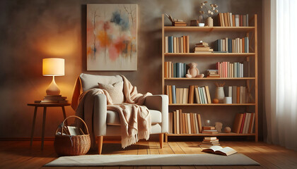Cozy Reading Nook with Bookshelf and Armchair