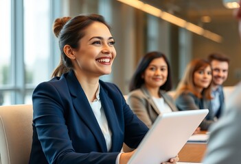 Female executive smiling as she listens intently to a business presentation