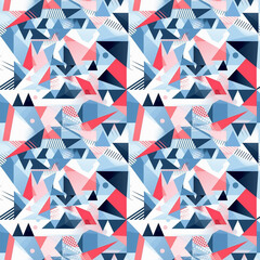 Obraz premium Vibrant geometric seamless pattern showcasing dynamic shapes in soothing tones of blue, pink, and white for artistic design inspiration