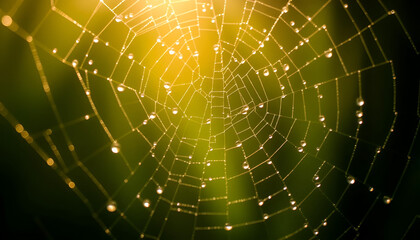 Fototapeta premium Soft morning light illuminating dewdrops on a spiderweb, with macro focus capturing delicate details of the light refraction.
