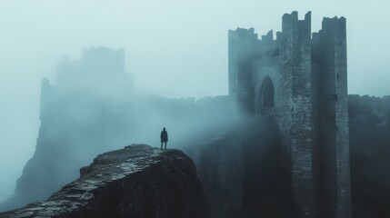 Lone silhouette of a figure on a cliff, peering at a fog-covered castle gate. This epic medieval fantasy scene is ideal for historical fiction or fantasy-based creative works.