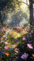 Enchanting woodland path surrounded by lush greenery vibrant flowers and warm ethereal sunlight casting a magical glow on the serene idyllic scene