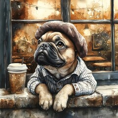 A dog wearing a hat and a shirt is looking out the window at a coffee shop