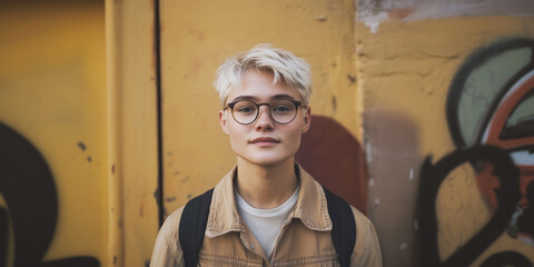 Effeminate man with strong features, short bleached hair, slight smile, wearing eyeglasses. Minimalist urban background with graffiti enhances focus on personal. Style blends softness with confidence.