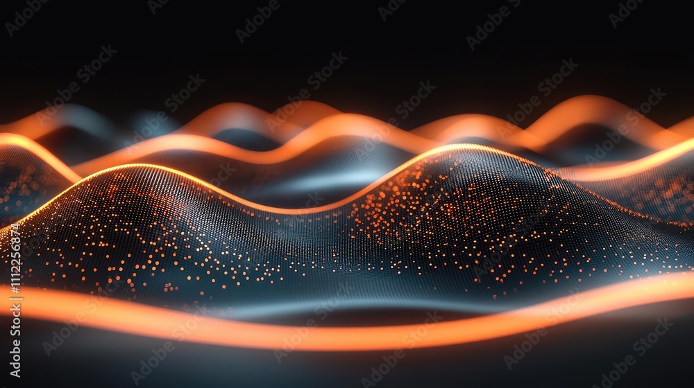 Poster abstract waves with glowing lines and particles on a dark background.
