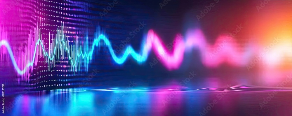 Poster colorful sound wave visualization with vibrant neon lines and reflections.