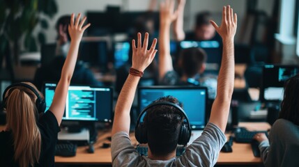 Engaged students with raised hands in a modern classroom setting, actively participating in a coding lesson while wearing headphones and focused on computer screens.