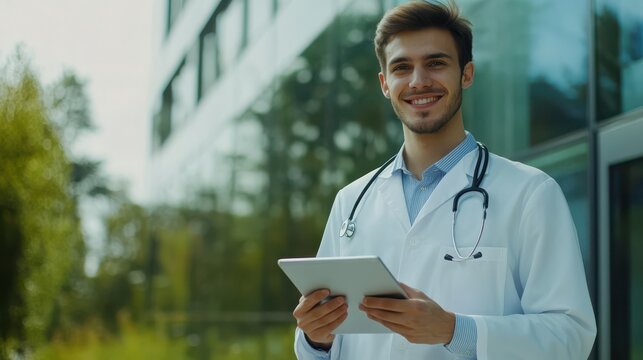Portrait of a smiling young specialist doctor, scientist standing near the clinic building, holding a tablet in his hands and looking confidently into the camera