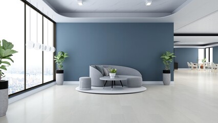 3d modern office lobby waiting room with blank wall for company logo mockup