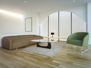 Sofa on wooden floor of living room in modern house. Minimal home interior 3d rendering with white wall.