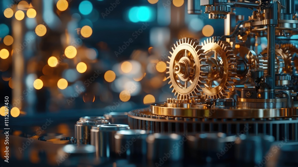 Poster close-up of shiny gears and machinery with bokeh effect.