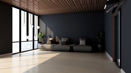 3d modern office lobby waiting room with blank wall for company logo mockup