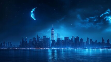 Modern Cityscape Illuminated by Moonlight and Sparkling Nighttime Stars Illustration