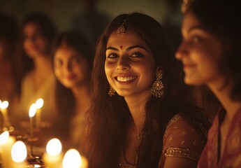 Obraz premium Celebrating Joy and Tradition: A Smiling Young Woman in Traditional Attire Surrounded by Friends During a Festival with Soft Candlelight Glow in the Background