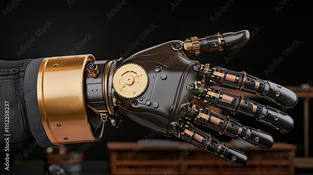 Poster futuristic robotic hand with intricate mechanical details, isolated on a dark background