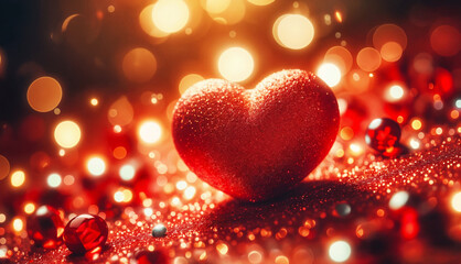 A sparkling red glitter heart surrounded by festive bokeh lights, symbolizing love and celebration
