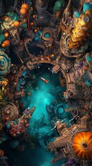 Fototapeta premium Surreal underwater cityscape with bioluminescent flora, intricate architecture, and a spaceship exploring the depths. Vibrant colors and fantastical design.