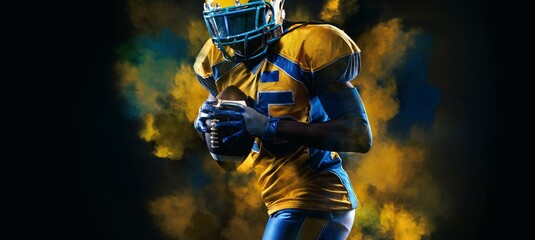 American football player, athlete in helmet with ball on stadium. Sport wallpaper with copyspace.