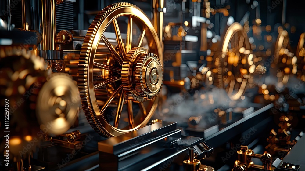 Poster golden gears and wheels in a mechanical engine, showcasing intricate design.