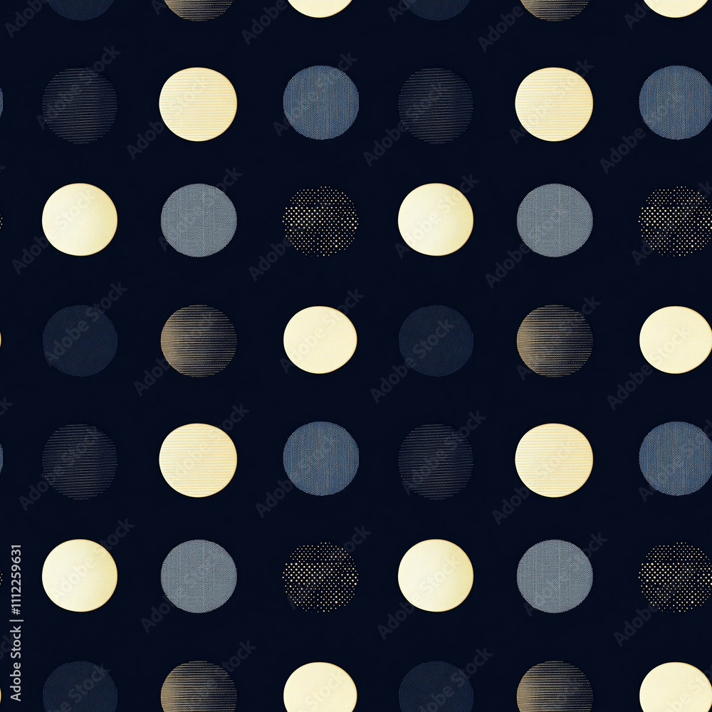 Poster seamless pattern art featuring a playful arrangement of circular designs in varying textures and sha
