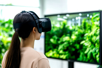 A woman wearing a VR headset interacts with a display featuring lush greenery, showcasing the blend of technology and nature.