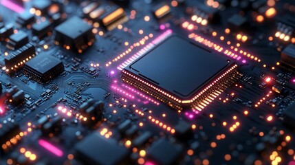 Obraz premium Futuristic microchip processor with lights on the blue background. Quantum computer large data processing database concept. CPU isometric banner. Central Computer Processors CPU concept Digital chip
