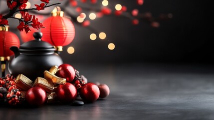 Naklejka premium Black teapot, red ornaments, and lanterns on dark background.