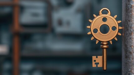 Obraz premium A vintage key design with ornate details on a blurred industrial background.