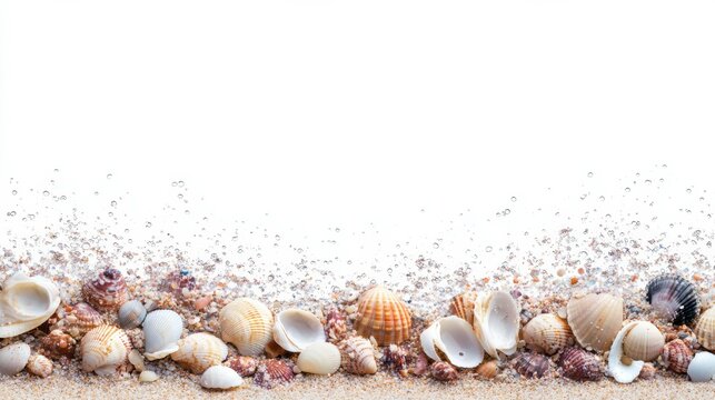 Sand and sea shells beach theme background isolated on white bg